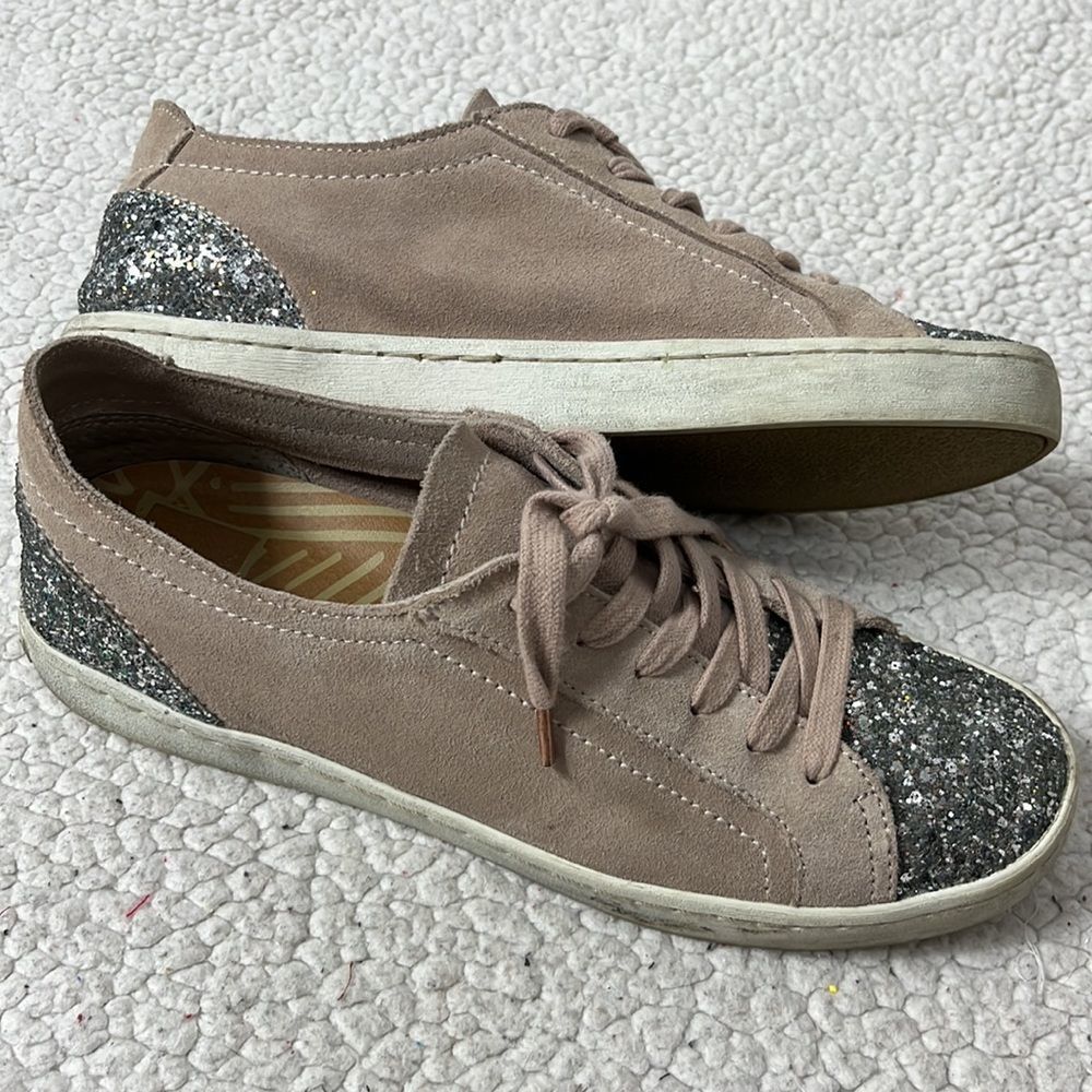 Anthro Dolce Vita Suede Leather Blush Glitter Cap Toe Low Top Sneakers Size 8.5